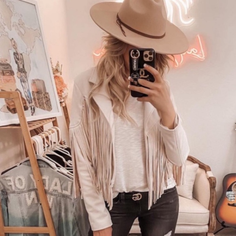 Boho White Tassel faux suede women fringe long sleeve jacket autumn winter